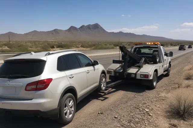 Tow truck hooked to a disabled vehicle on a roadside in Phoenix, AZ with mountain silhouettes in the background.