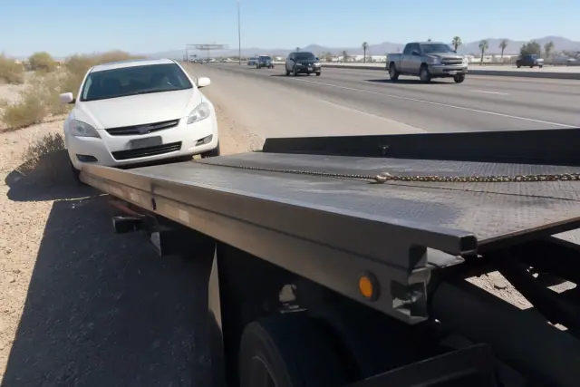 Tow truck preparing a disabled vehicle on a gravel shoulder on a sunny highway in Phoenix, AZ.