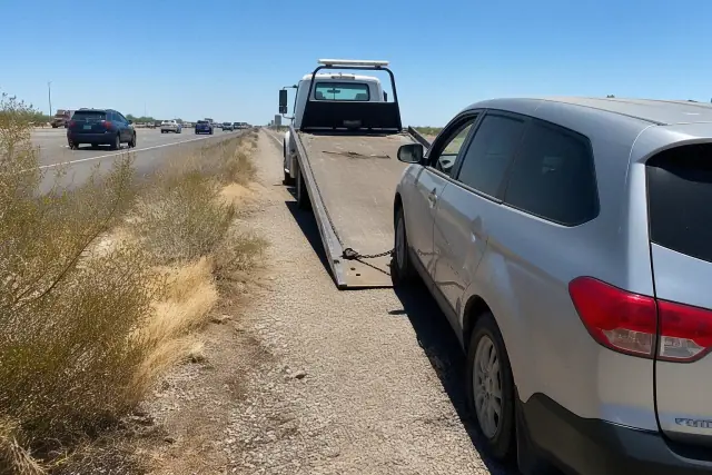 Flatbed tow truck securing a disabled vehicle on a roadside in Surprise, AZ under bright sunlight.