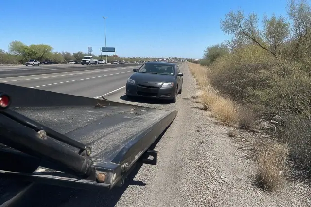 A tow truck with its bed extended to a disabled car on a highway shoulder in Peoria, AZ.