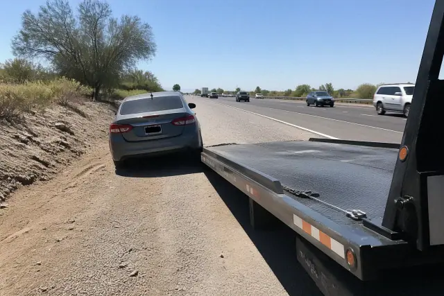 Tow truck aligning its hydraulic bed to a disabled car on a highway shoulder in Glendale, AZ.
