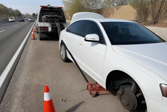 Roadside assistance technician using hydraulic equipment on a disabled car on a gravel shoulder in Avondale, AZ.