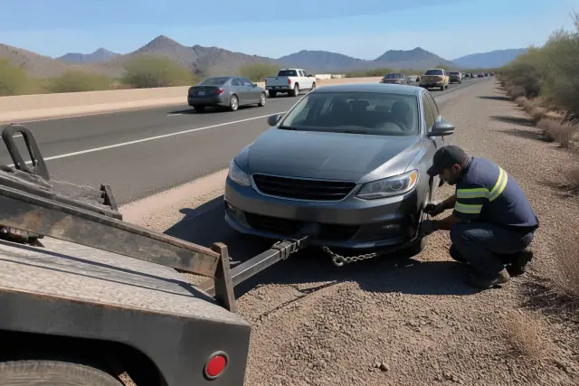 Tow truck connecting to a disabled vehicle on a highway shoulder in Tempe, AZ.