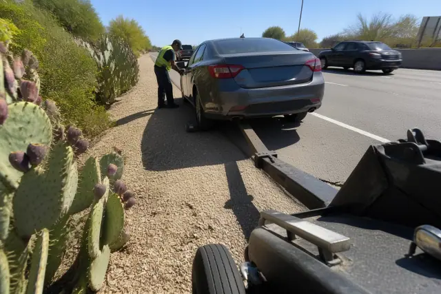 Tow truck assisting a disabled vehicle on the side of a sunny highway in Scottsdale, AZ.