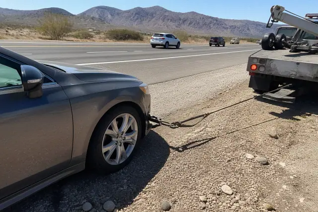 A disabled vehicle being towed on a gravel shoulder with a desert mountain backdrop in Phoenix, AZ.