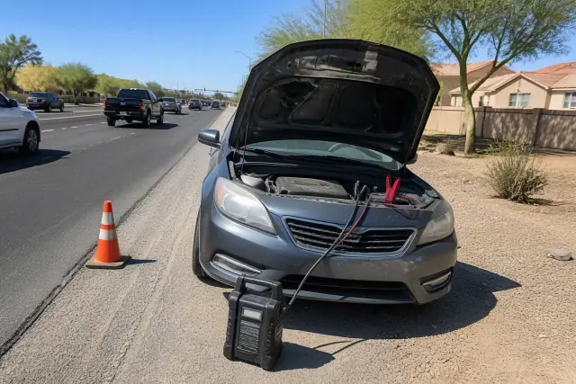 Disabled car with open hood receiving a jump start on a roadside shoulder in Gilbert, AZ.