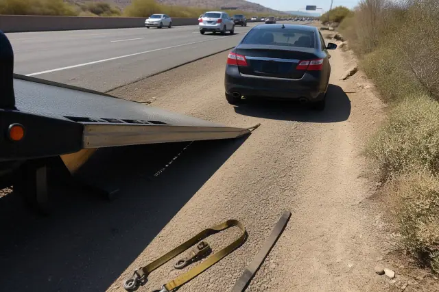 Disabled vehicle on a highway shoulder with a tow truck preparing for assistance in Mesa, AZ.
