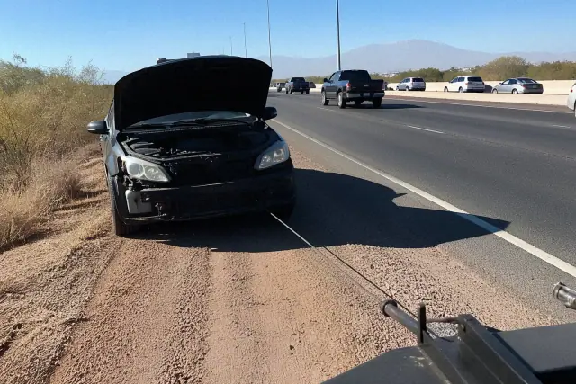 Roadside assistance vehicle recovering a disabled car on a highway shoulder in Phoenix, AZ with desert mountains behind.