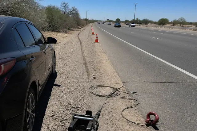 A disabled car with safety cones and winch gear on a gravel shoulder in Chandler, AZ.