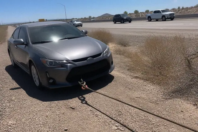 A disabled vehicle being towed on a highway shoulder with desert brush in the background in Phoenix, AZ.