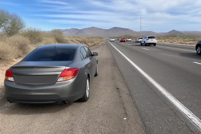 A disabled vehicle parked on the gravel shoulder of I-10 with desert mountains in the background in Phoenix, AZ.