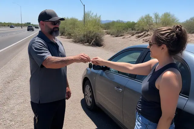 Technician handing car keys to a customer next to a vehicle on a roadside in Phoenix, AZ.
