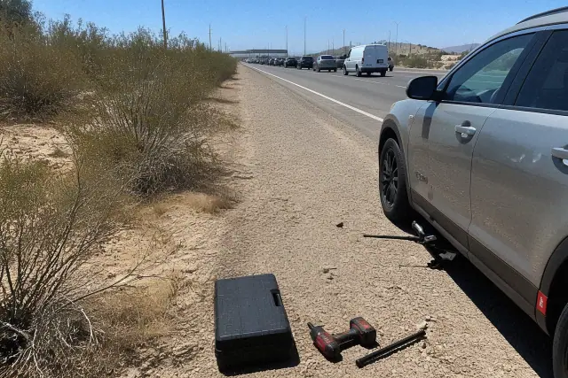 Disabled vehicle on a highway shoulder with roadside tools in Phoenix, AZ.