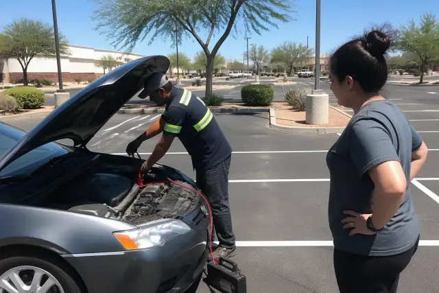 Technician performing a roadside car jump start in a sunny Phoenix, AZ parking lot.