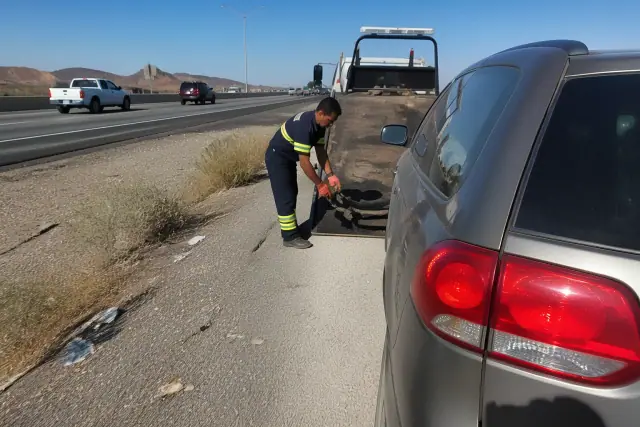 A disabled vehicle on a highway shoulder in Phoenix, AZ, with desert scrub and traffic in the background.