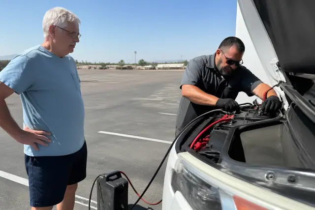 Technician using jumper cables to jump-start dual RV batteries in a sunny Phoenix, AZ parking lot.