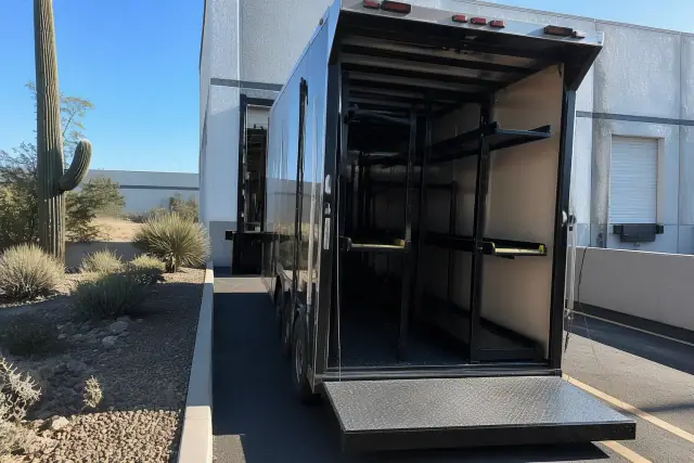 Motorcycles in a reinforced storage racking system at an industrial park in Phoenix, AZ.