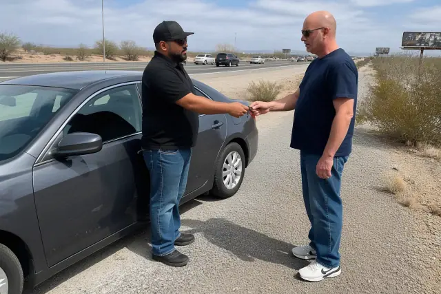 A technician returns keys to a car owner after a lockout service on a gravel shoulder in Phoenix, AZ.