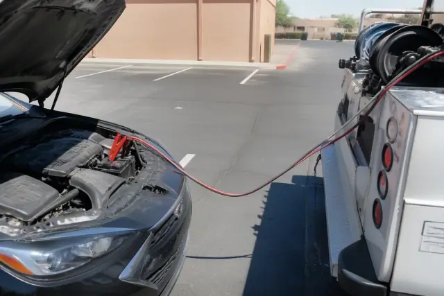 Service truck performing a battery jump start on a car in a sunny parking lot in Phoenix, AZ.