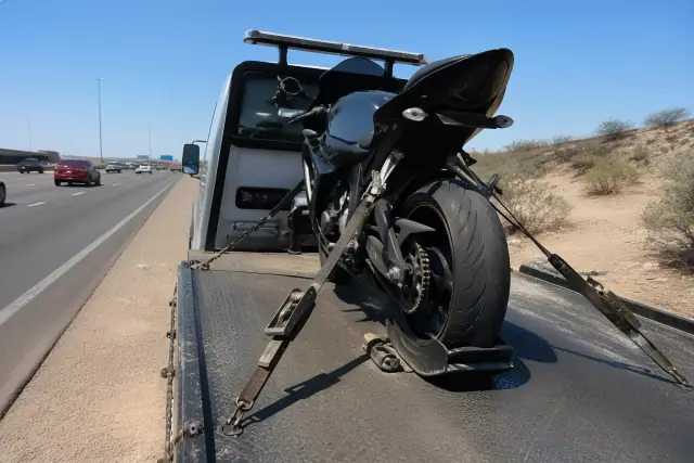 A motorcycle secured to a tow truck bed on the side of a highway in Phoenix, AZ.