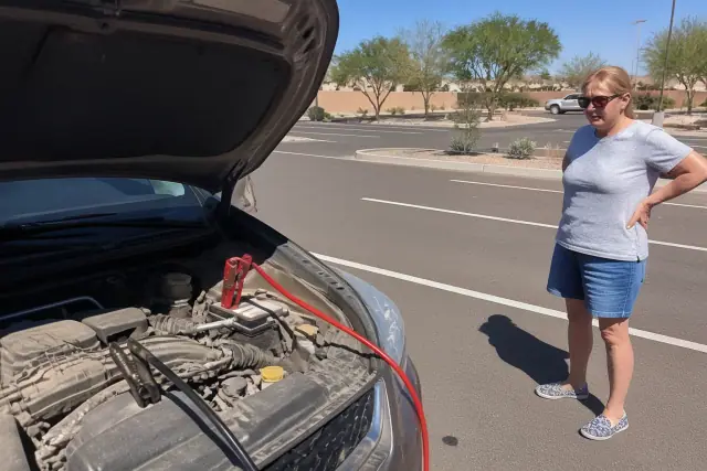 Technician using jumper cables on a car battery in a parking lot in Phoenix, AZ, with the owner standing nearby.