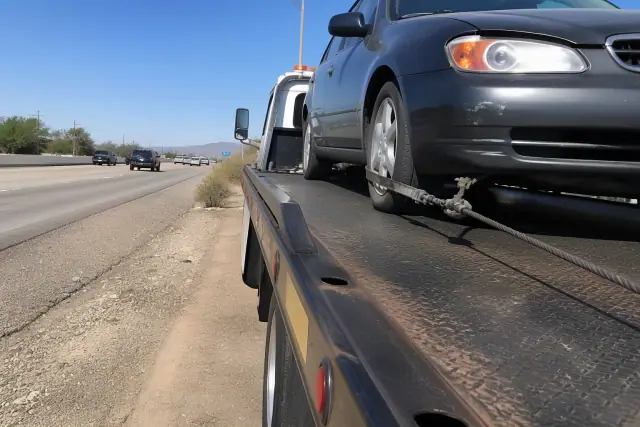 A tow truck winching a disabled vehicle onto a hydraulic bed on a highway shoulder in Phoenix, AZ.