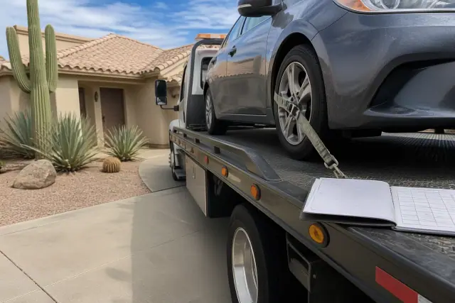 A vehicle secured on a flatbed tow truck in a residential driveway in Phoenix, AZ, with a clipboard on the bed.