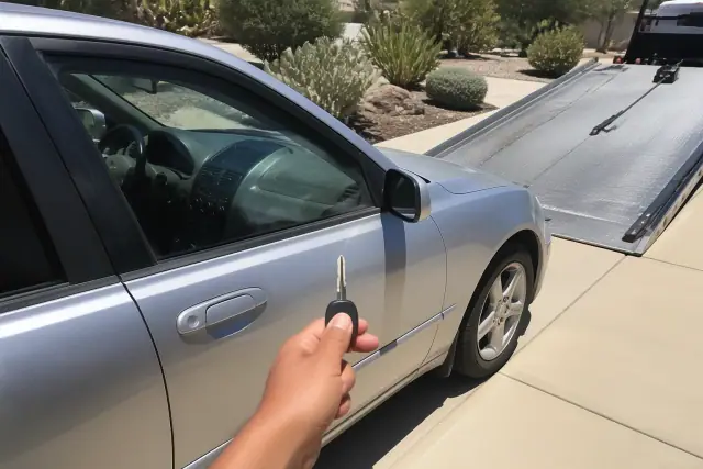 A vehicle on a concrete driveway in Phoenix, AZ, prepared for loading onto a tow truck with desert plants in the background.