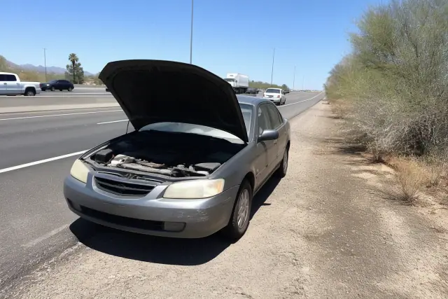Damaged vehicle parked on the gravel shoulder of a highway in Phoenix, AZ before dispatch.