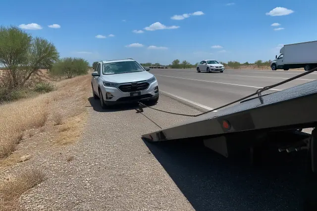 Winch cable attached to a disabled vehicle on a gravel shoulder during an accident recovery in Phoenix, AZ.