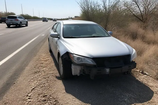 A disabled vehicle parked on the gravel shoulder of a busy roadway in Phoenix, AZ.