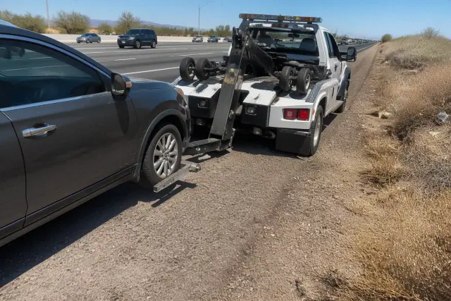 A wheel-lift tow truck recovering a disabled vehicle on a highway shoulder in Phoenix, AZ.