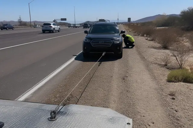 Disabled vehicle on the gravel shoulder of a highway in Phoenix, AZ.