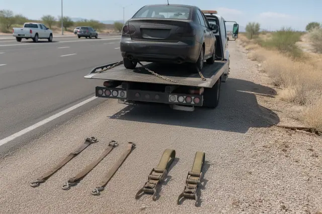 Worn straps and a secure flatbed setup on a disabled vehicle on a roadside in Phoenix, AZ.