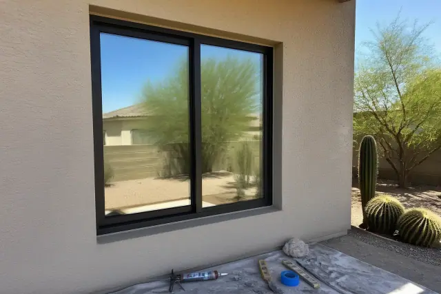 Aluminum window frame installation on a sun-bleached stucco wall in Phoenix, AZ with tools on a drop cloth.