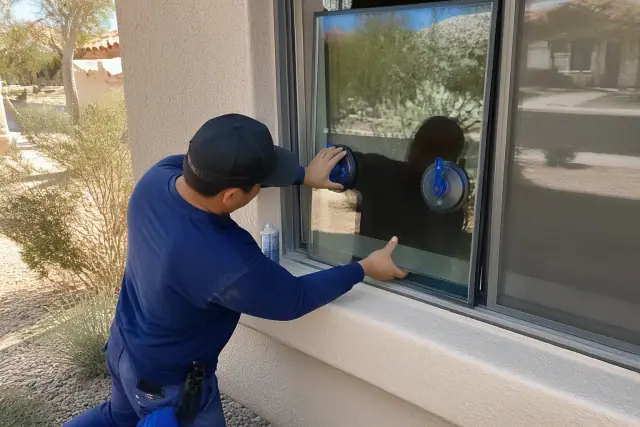 Technician installing a replacement glass window insert with suction tools at a home in Phoenix, AZ.