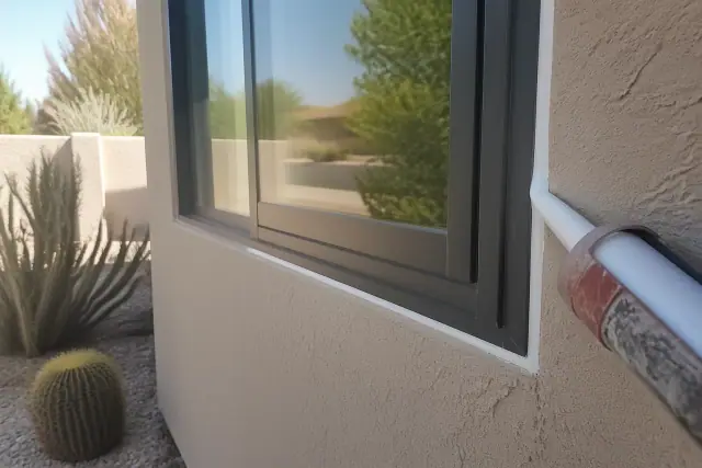 Contractor sealing a new window frame with caulk on a stucco home in Phoenix, AZ with desert landscaping.