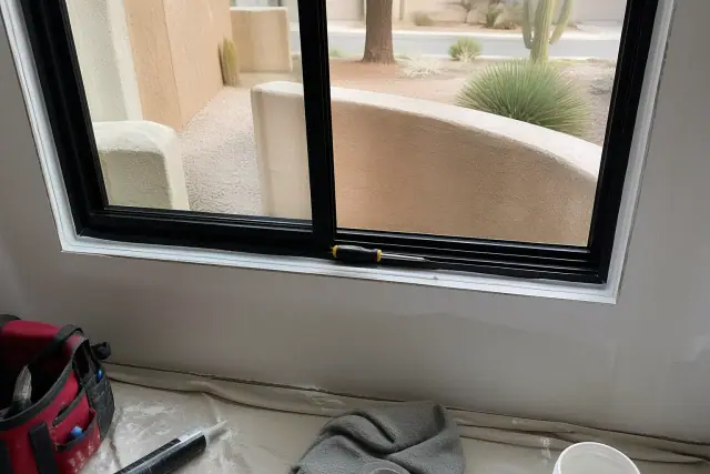 Aluminum window frame installation with silicone sealant and tools on a jobsite in Surprise, AZ.