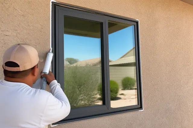 Contractor sealing the frame of a new aluminum window on a stucco home in Mesa, AZ.
