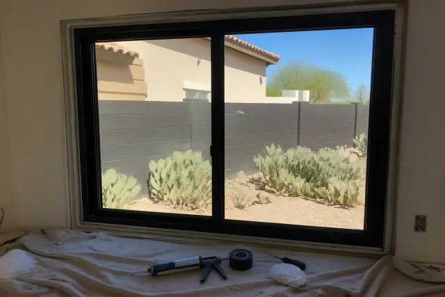 Aluminum window frame installation in a Phoenix, AZ home with tools on a drop cloth and desert cacti outside.
