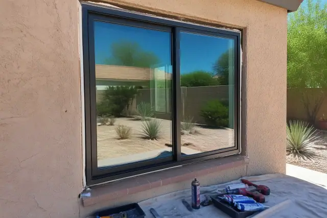 Aluminum window frame being installed in a stucco home with desert landscaping in Phoenix, AZ.