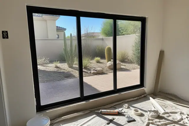 Completed aluminum window installation with tools on a drop cloth in a Gilbert, AZ home with desert landscape outside.