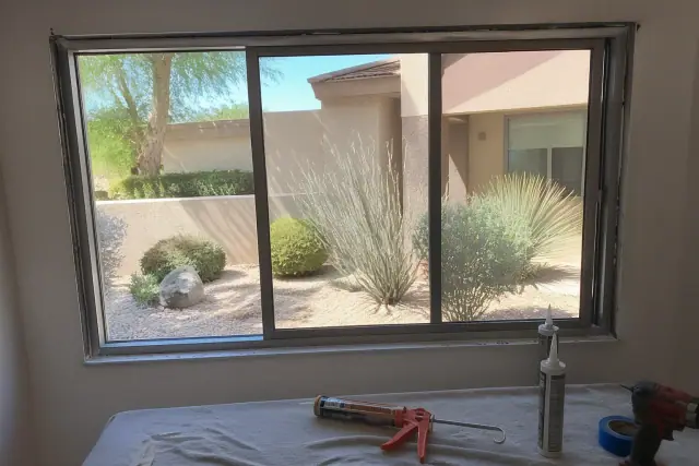 Aluminum window frame installation with tools on a drop cloth at a residential job site in Tempe, AZ.