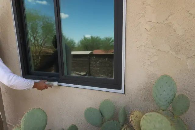 Contractor photo of a newly installed aluminum window with fresh caulk on a stucco wall in Glendale, AZ.