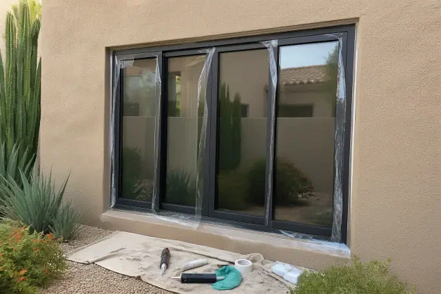 Aluminum window frame installation with tools and desert landscaping at a home in Goodyear, AZ.