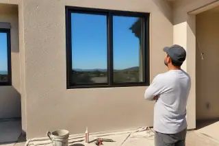 Technician observing a newly installed aluminum window frame on a stucco wall in Phoenix, AZ.