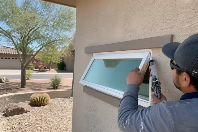 Worker caulking the perimeter of a new awning window on a stucco home in Phoenix, AZ.