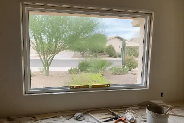 New window frame installation in progress at a residential home in Phoenix, AZ, showing sealant and tools on a drop cloth.