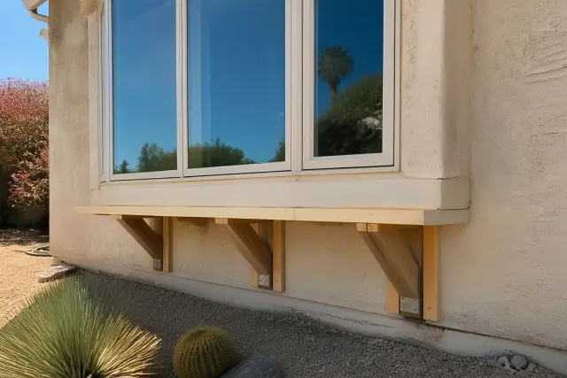 A contractor inspecting bay window support brackets on a stucco home in Phoenix, AZ.