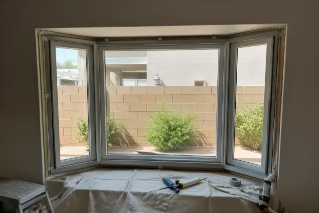 A window frame installed in a wall during a home renovation project in Phoenix, AZ.